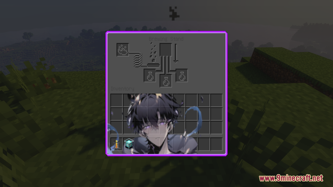 Dark themed Brewing Stand interface with anime character face background