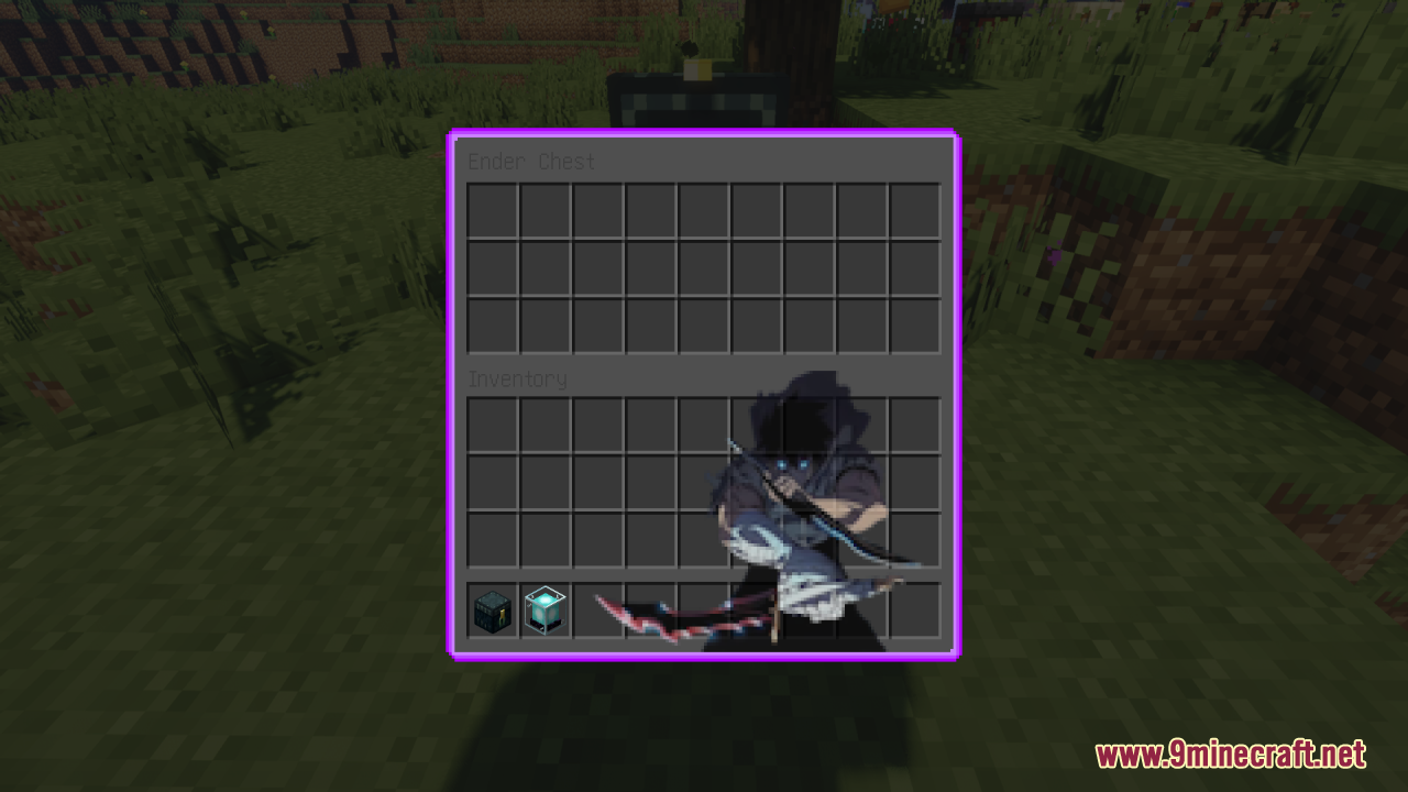 Ender Chest inventory menu with Solo Leveling anime character background