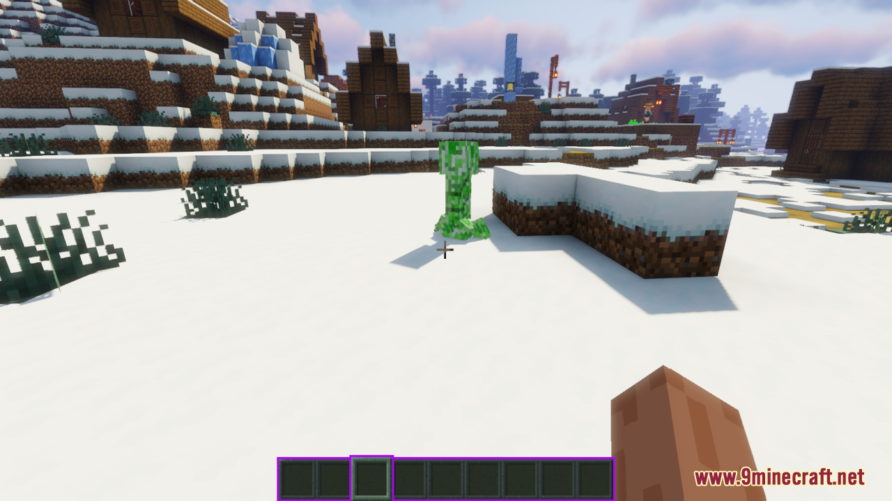 Player facing a creeper with a custom purple bordered hotbar equipped