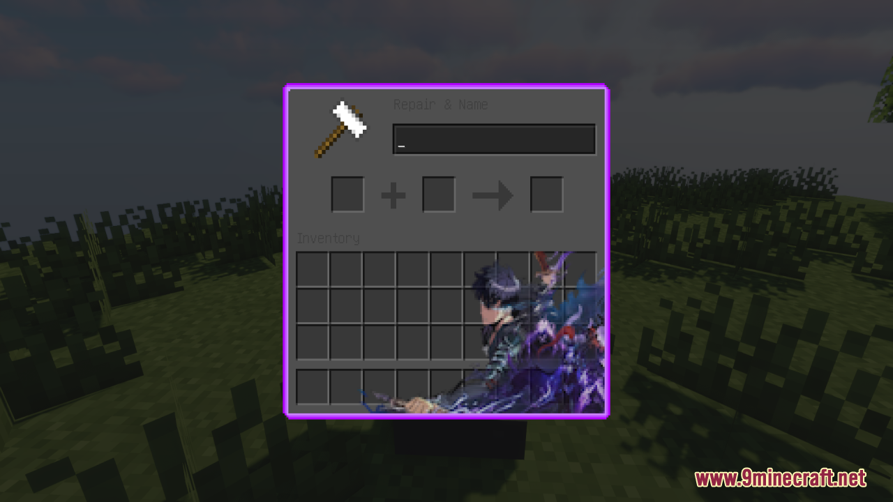 Custom anvil menu interface featuring Solo Leveling anime character background