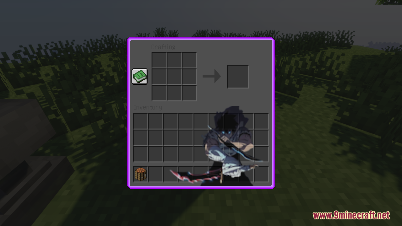 Dark crafting table interface showing custom anime character background art