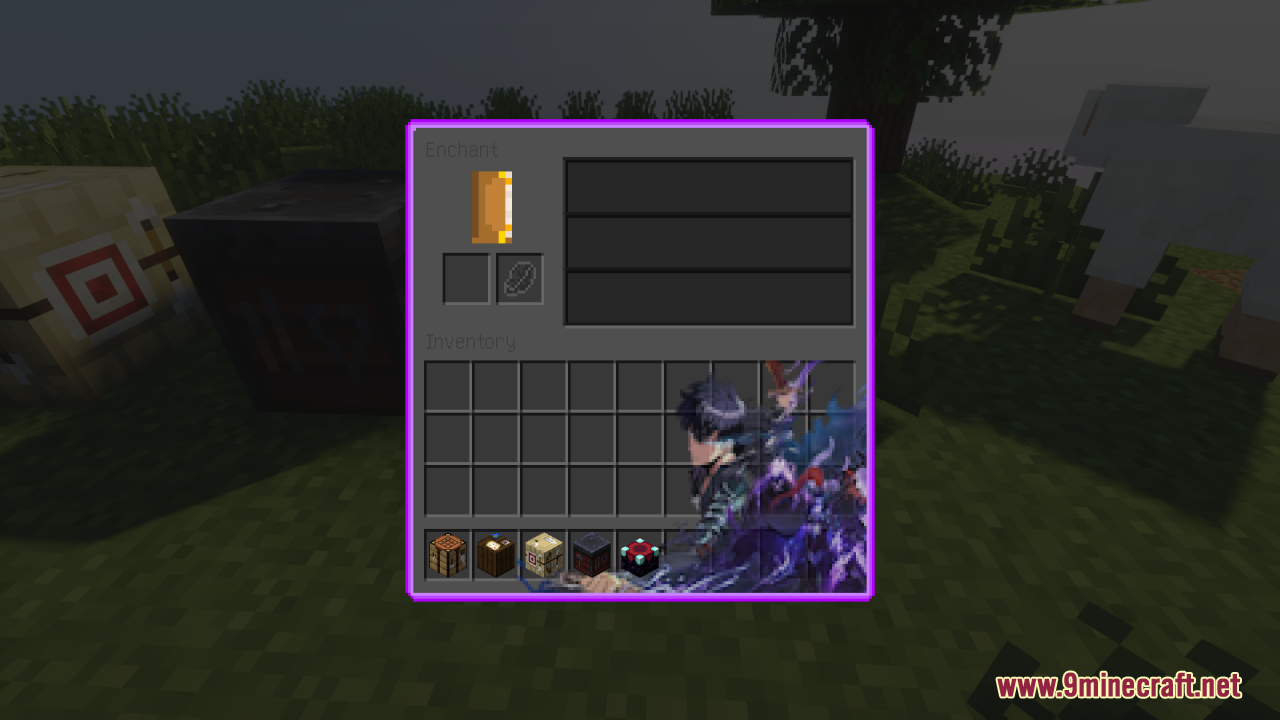 Custom enchanting table menu featuring dark theme and anime background