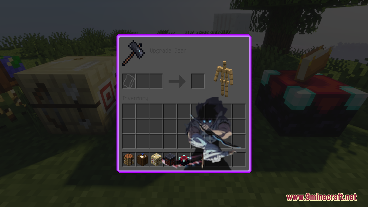 Dark smithing menu screen with purple borders and anime background