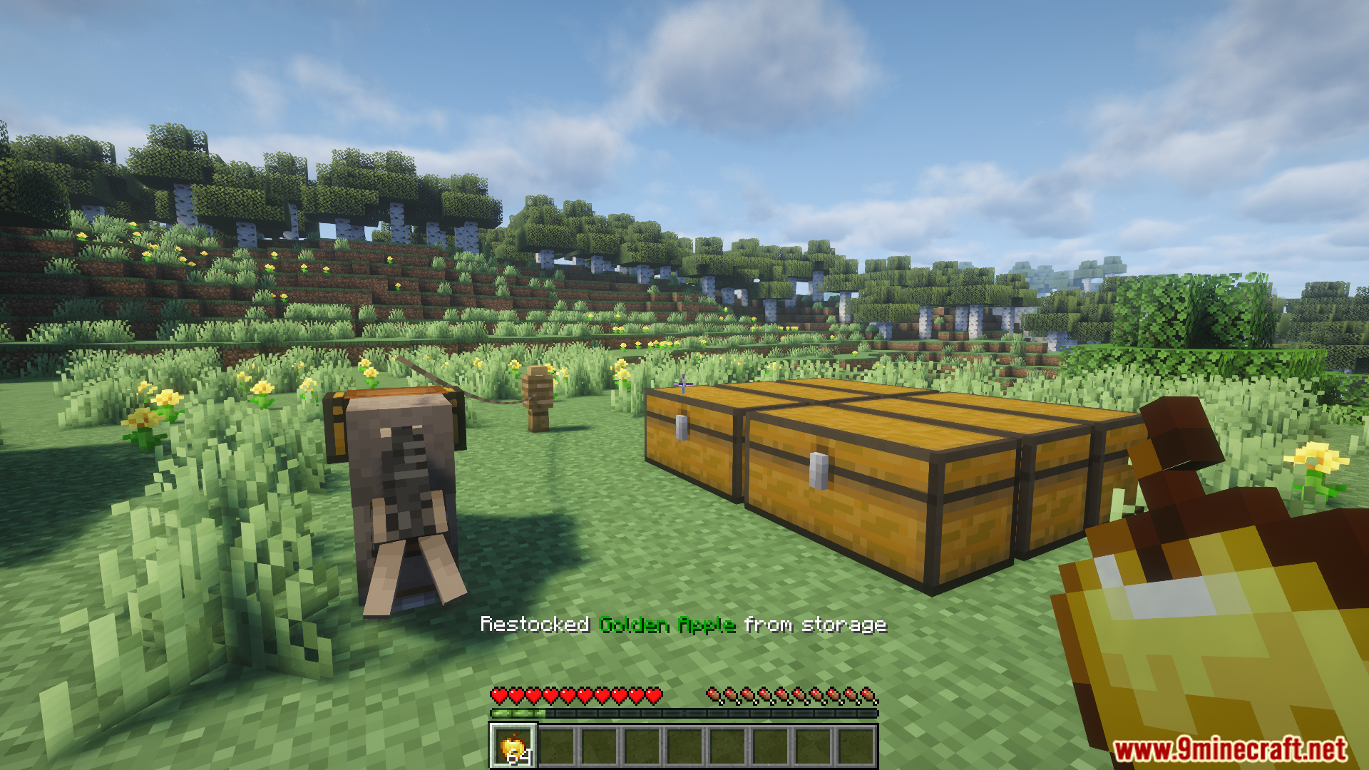 Player restocking golden apples from nearby storage into their inventory