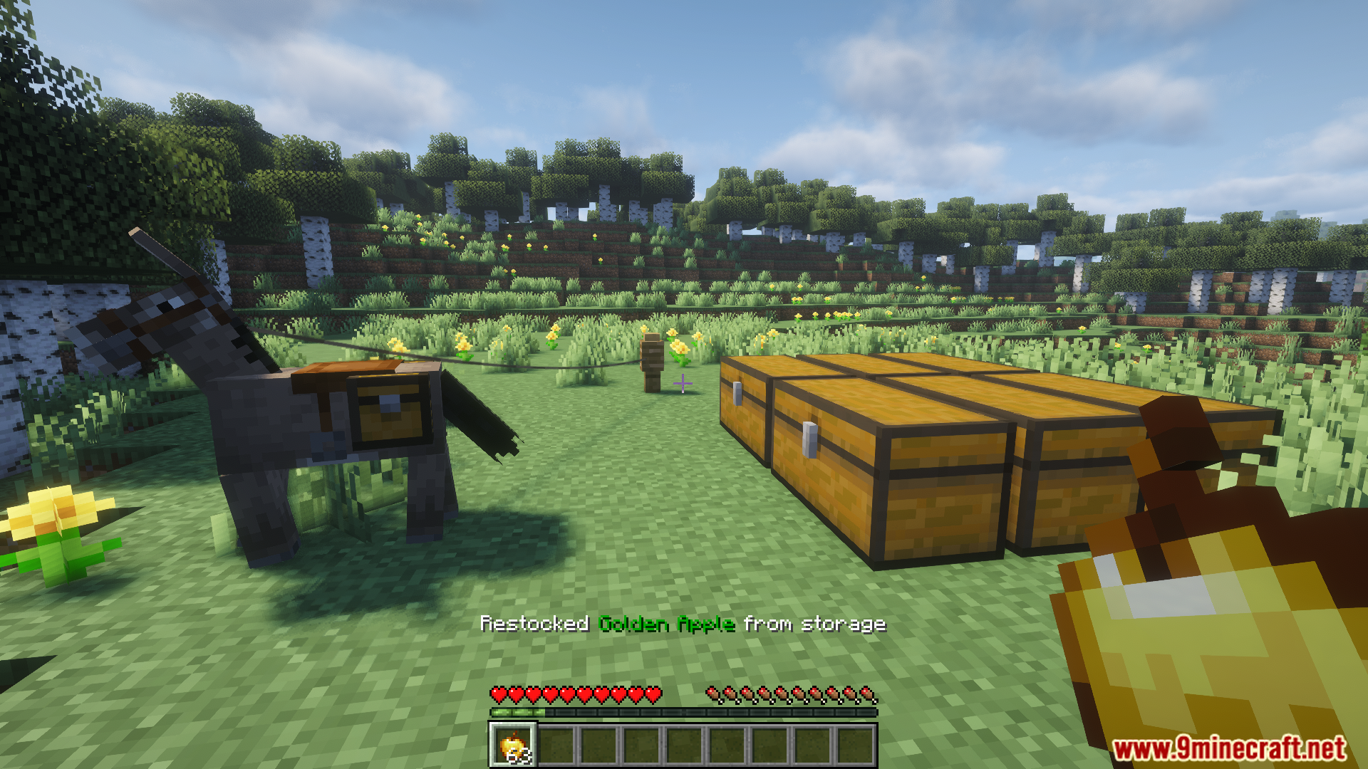 Player restocking golden apples from nearby chests without opening them