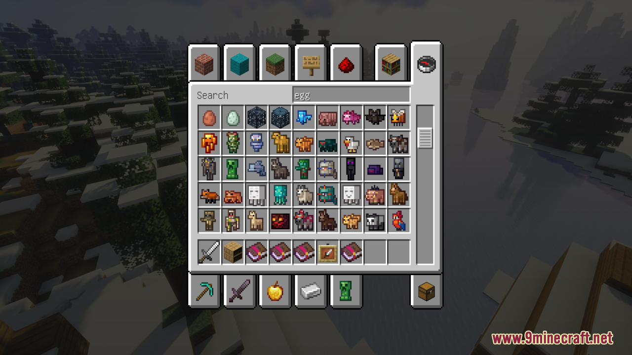 Creative inventory showing Spawned Eggs Texture Pack custom mob shaped items