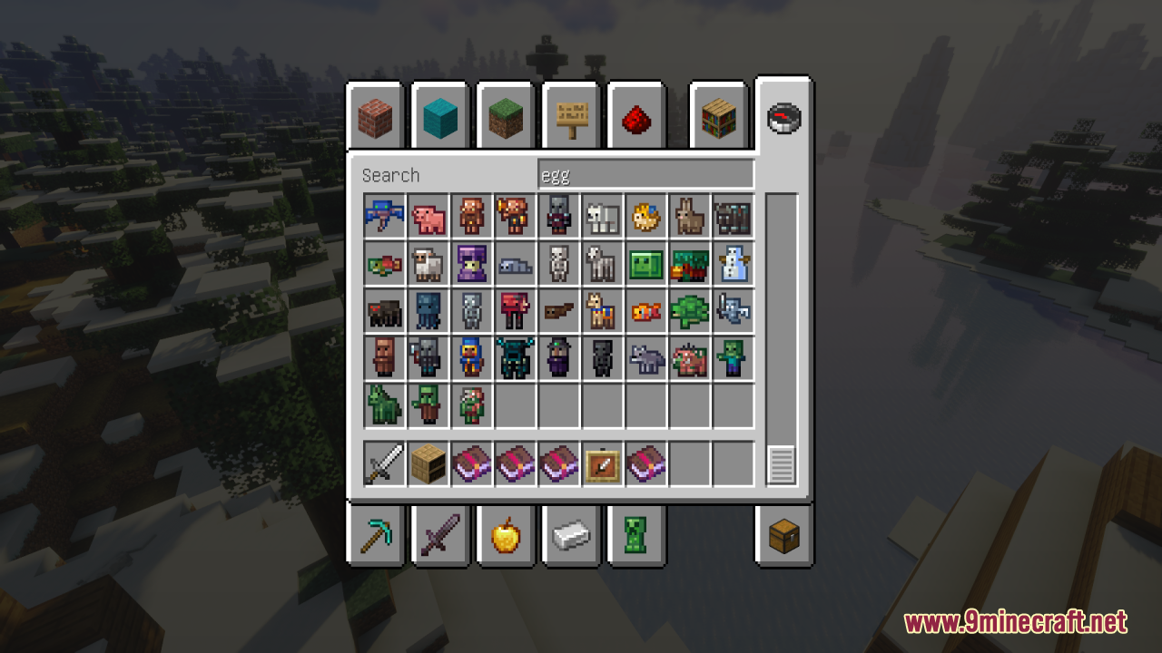 Second page of creative inventory featuring more custom mob spawn eggs