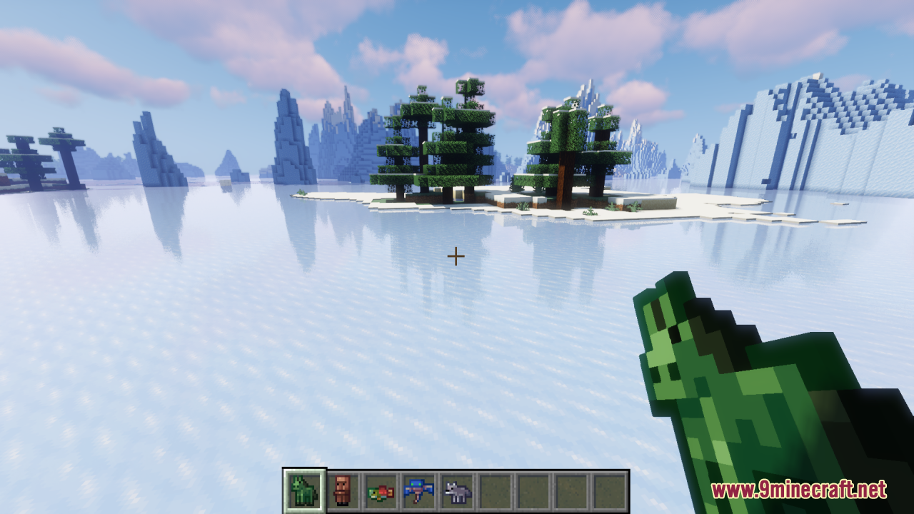 Player holding a tiny zombie horse spawn egg in snowy biome