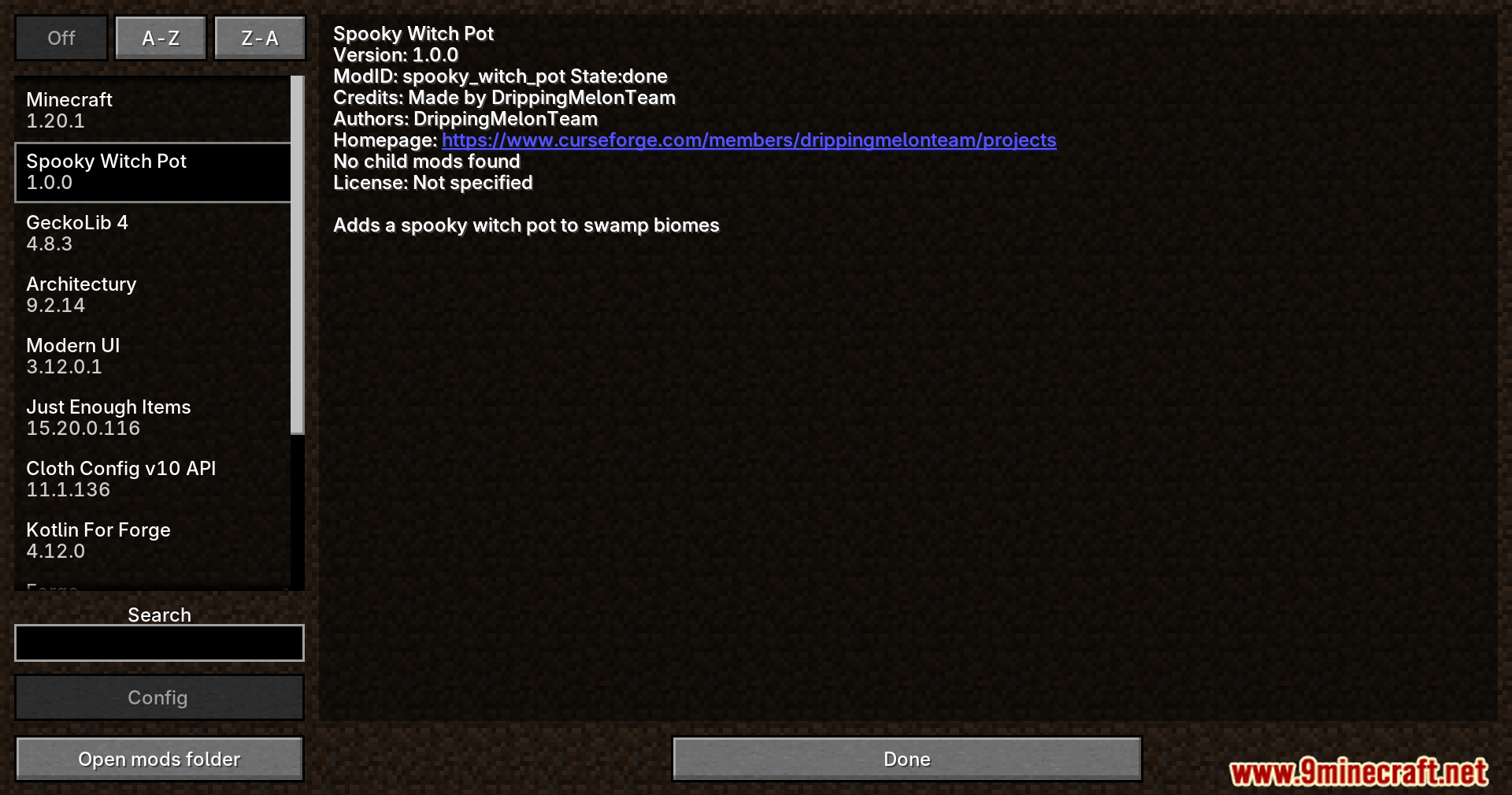 Spooky Witch Pot mod details in the mods menu