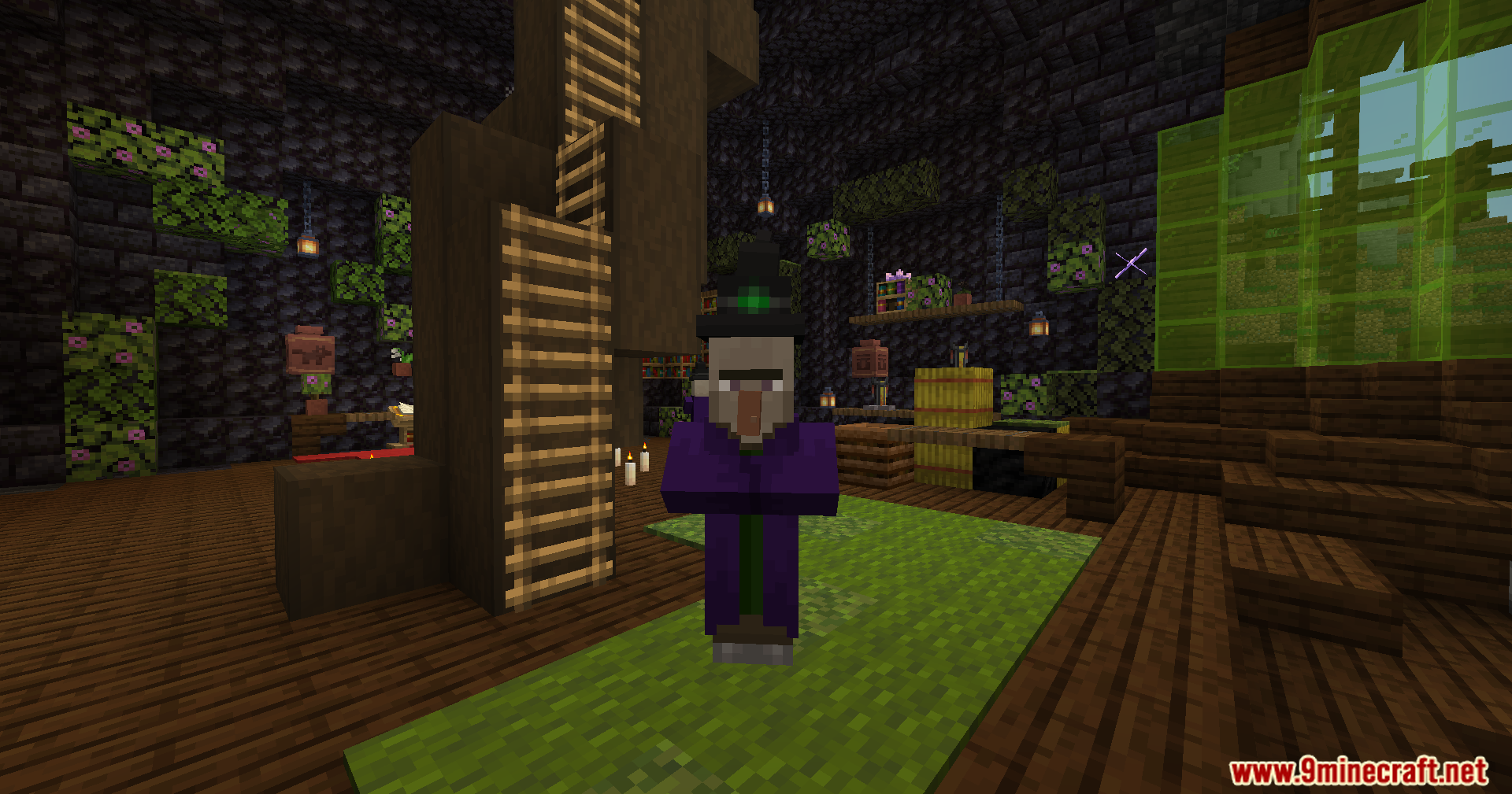 A witch mob stands guard inside its home