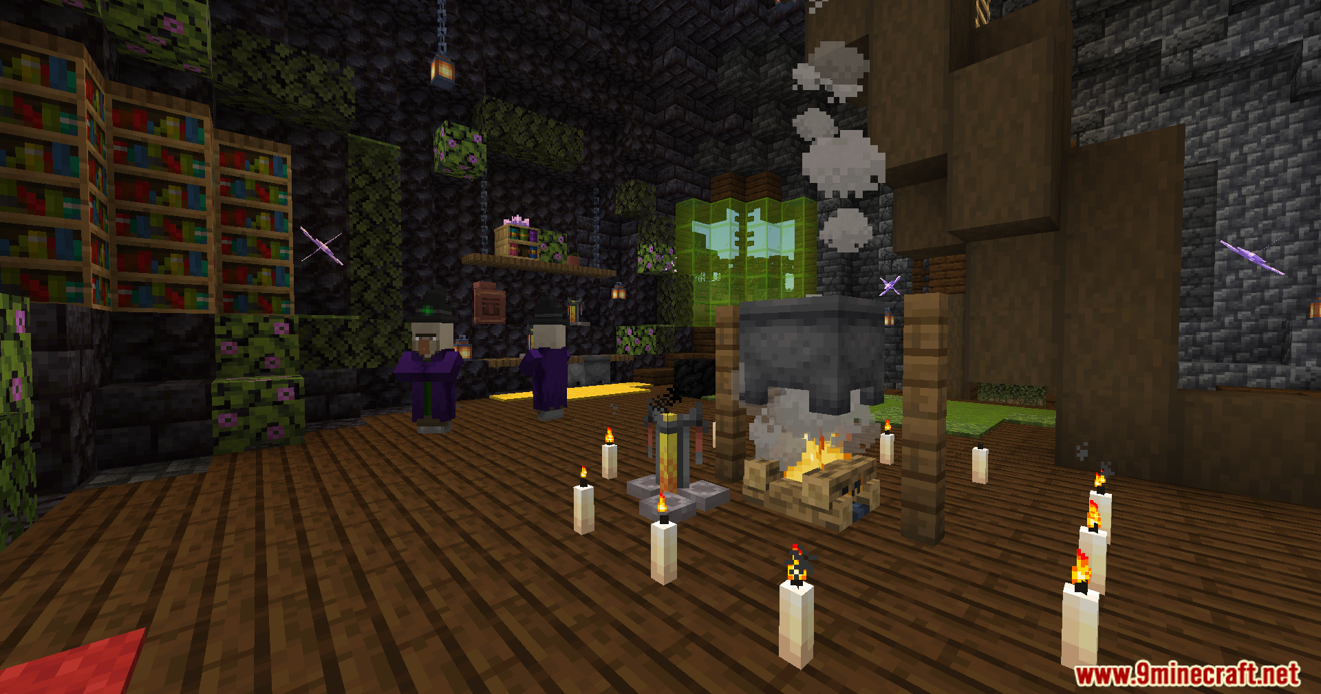 Witches gather around a bubbling cauldron and brewing stand