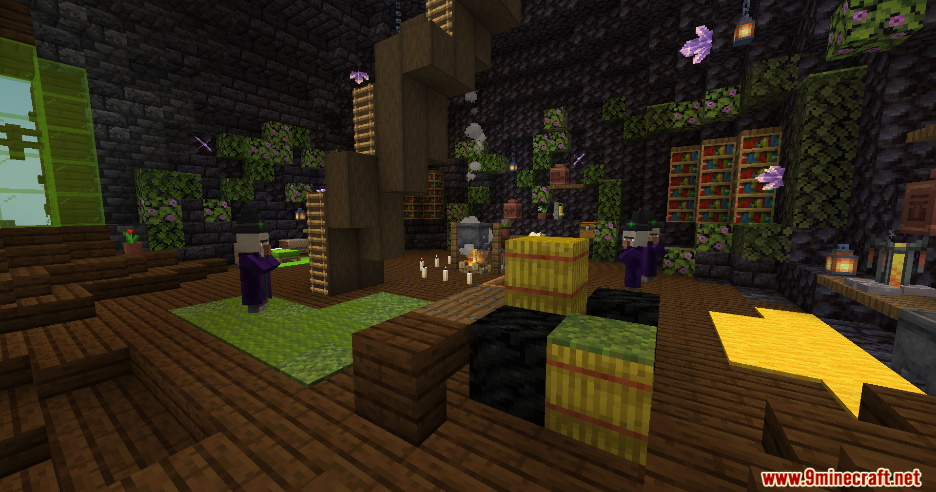 Witches gather inside a dark and cluttered magical lair