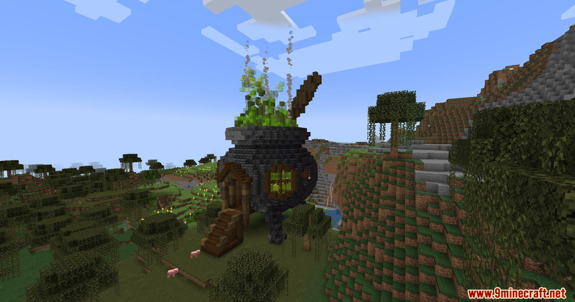 A giant witch pot structure in a swamp biome