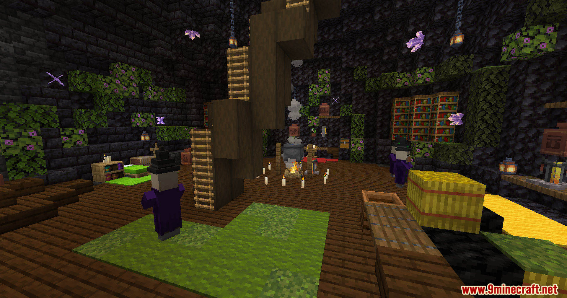 Witches inside the cauldron house with magical decorations