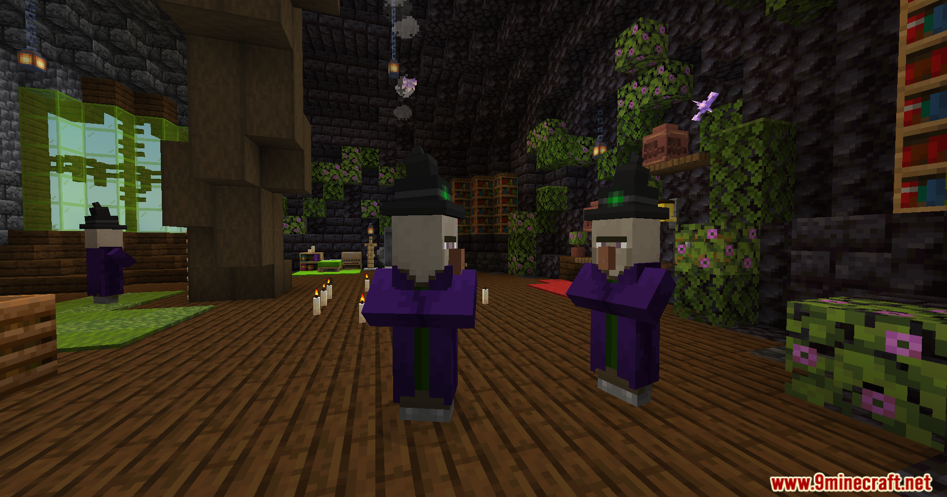 Three witches gather inside their dark, magical home