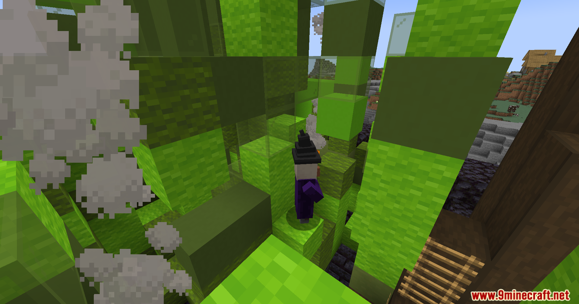 A witch stands amidst the bubbling green potion