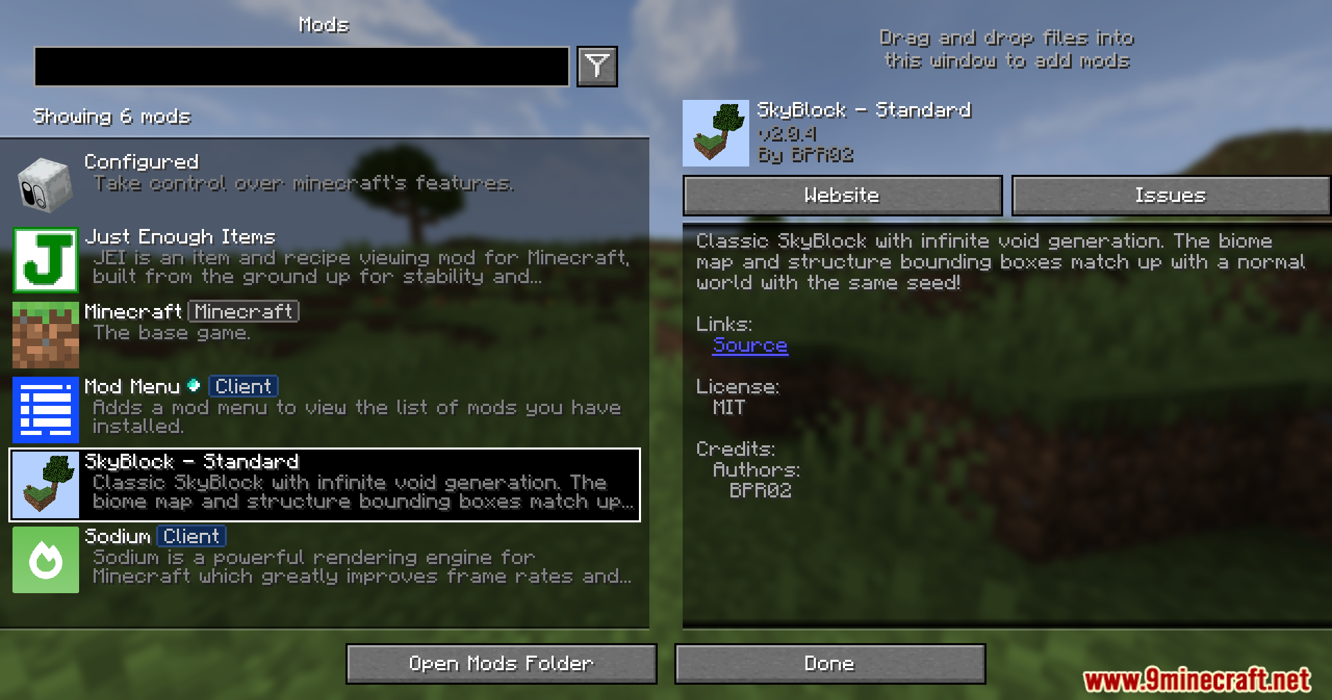 Player viewing the installed Standard Skyblock mod in the mod menu