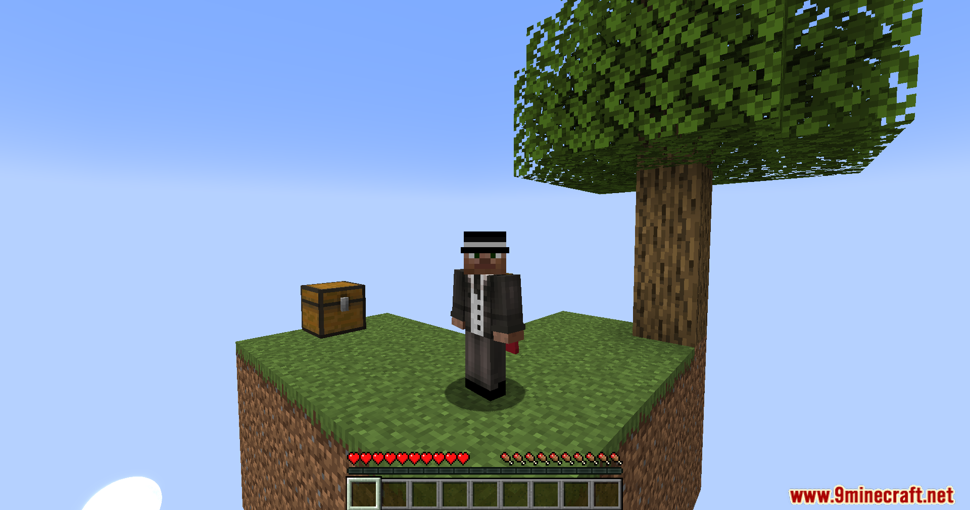 Front view of player standing on the small floating starter island