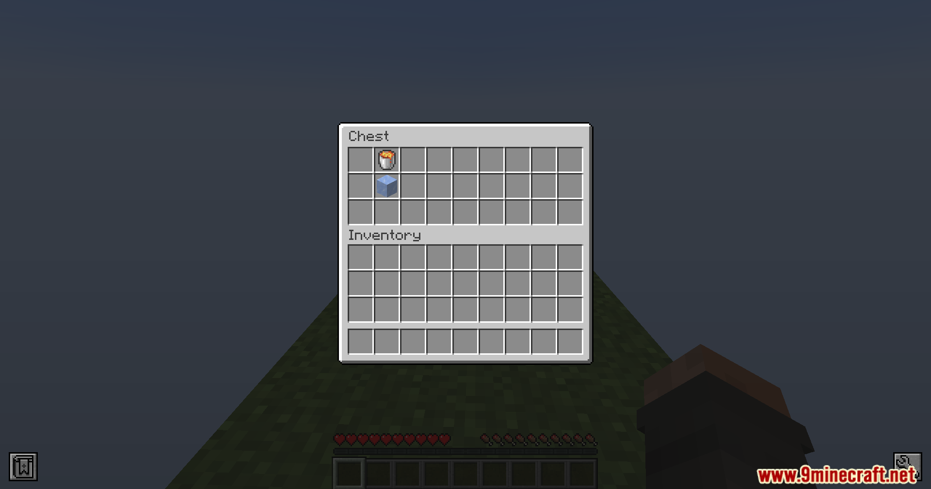 Opening the starter chest to find a lava bucket and ice