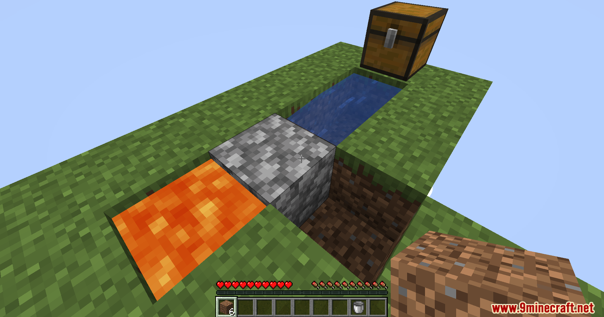 Player building a cobblestone generator with lava and water on island