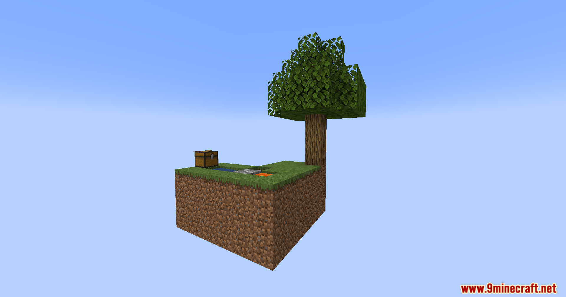 Standard Skyblock Mod classic starter island with tree and wooden chest