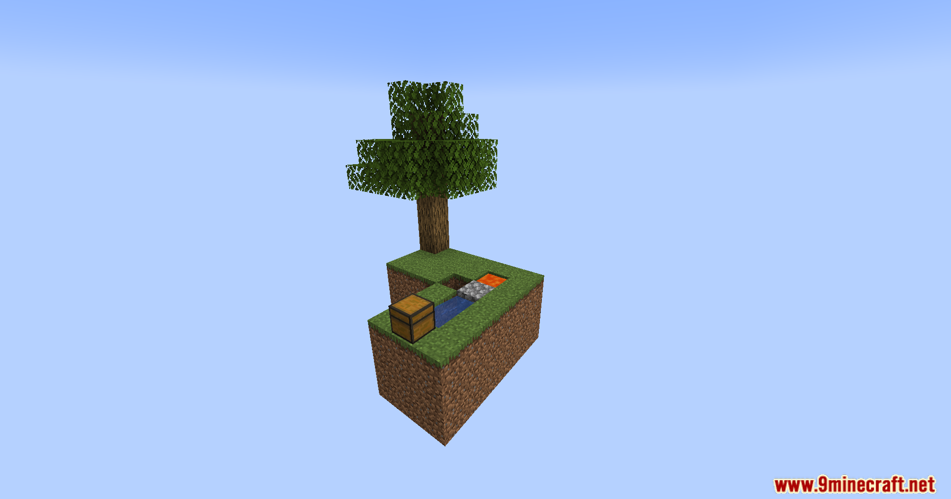 Small floating dirt island featuring an oak tree and wooden chest