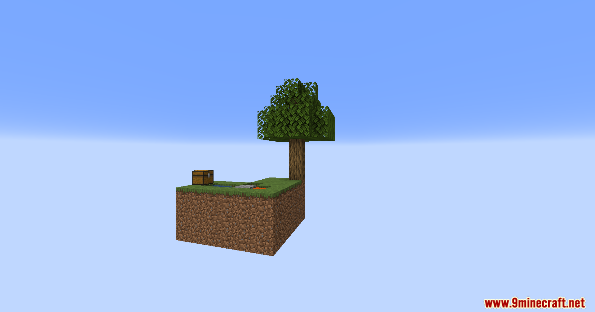 Wide view of the basic skyblock survival island in empty sky