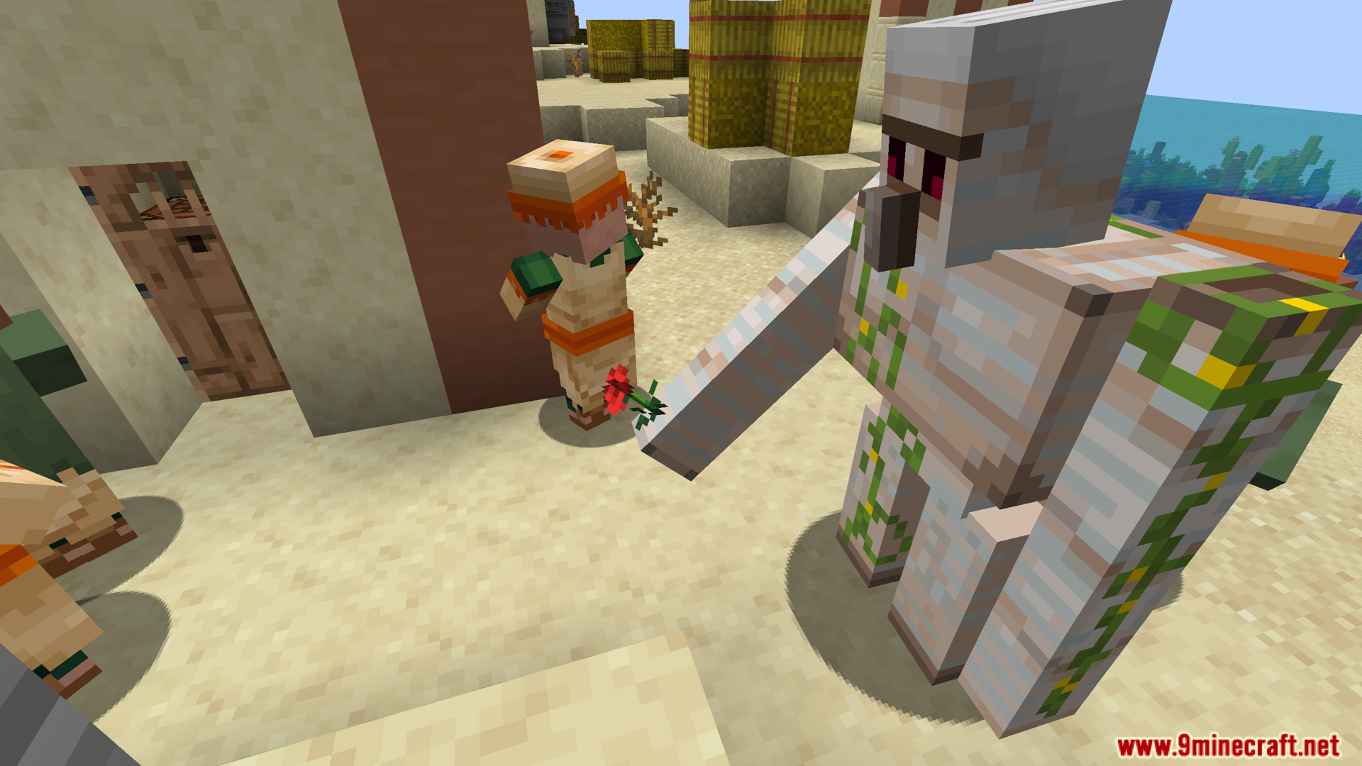 An iron golem offers a flower to a baby villager