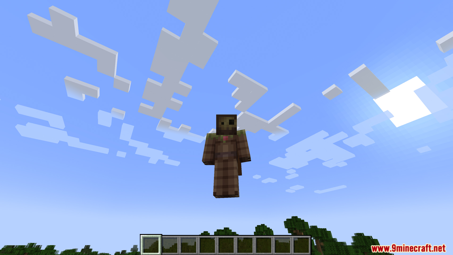 Player character in custom armor floating in the sky