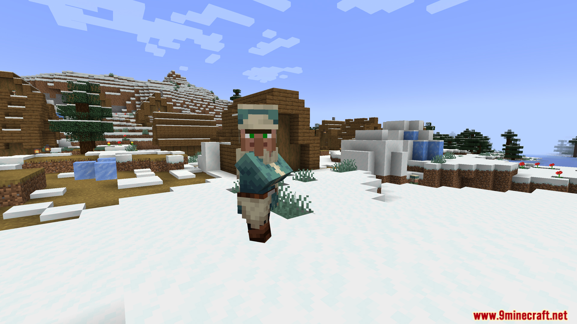 A villager wearing winter clothes in a snowy biome