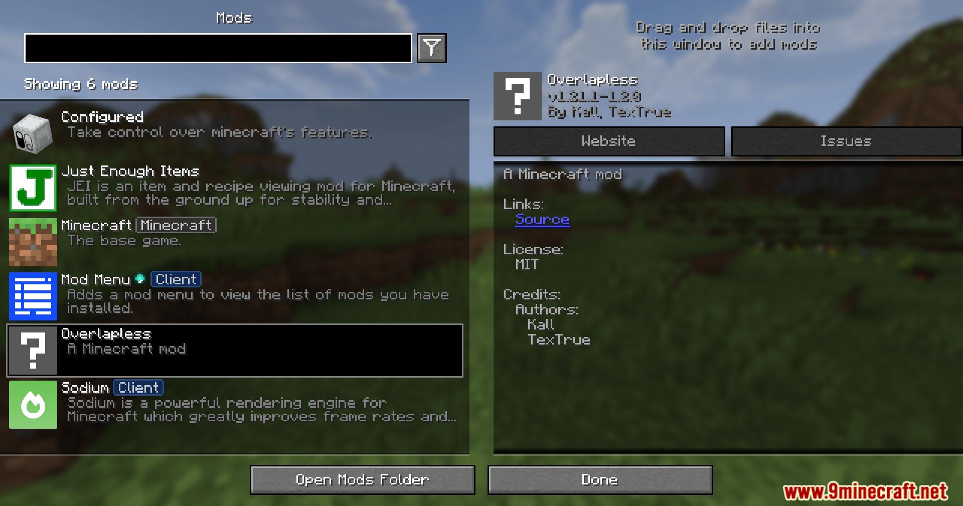 Mod menu interface showing the Overlapless mod installed and selected