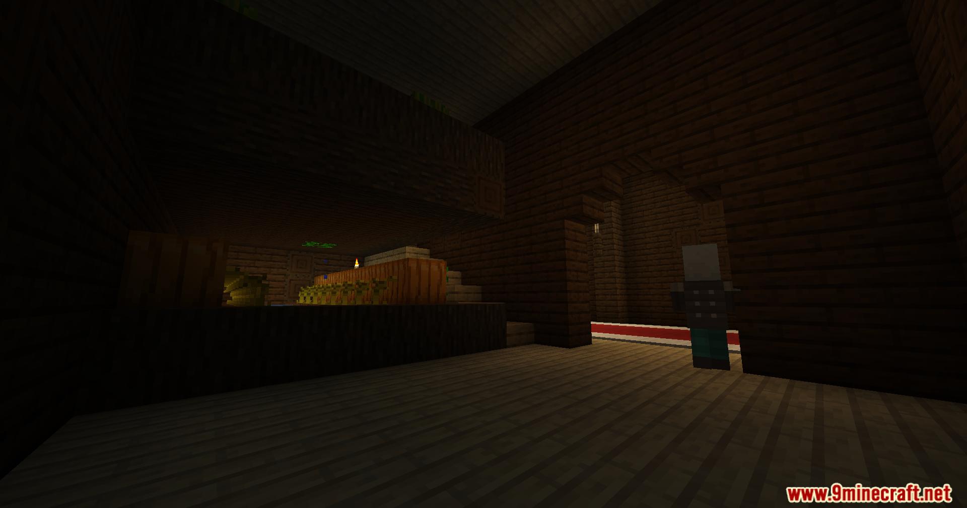 Vindicator mob standing in a dark wooden hallway with red carpet