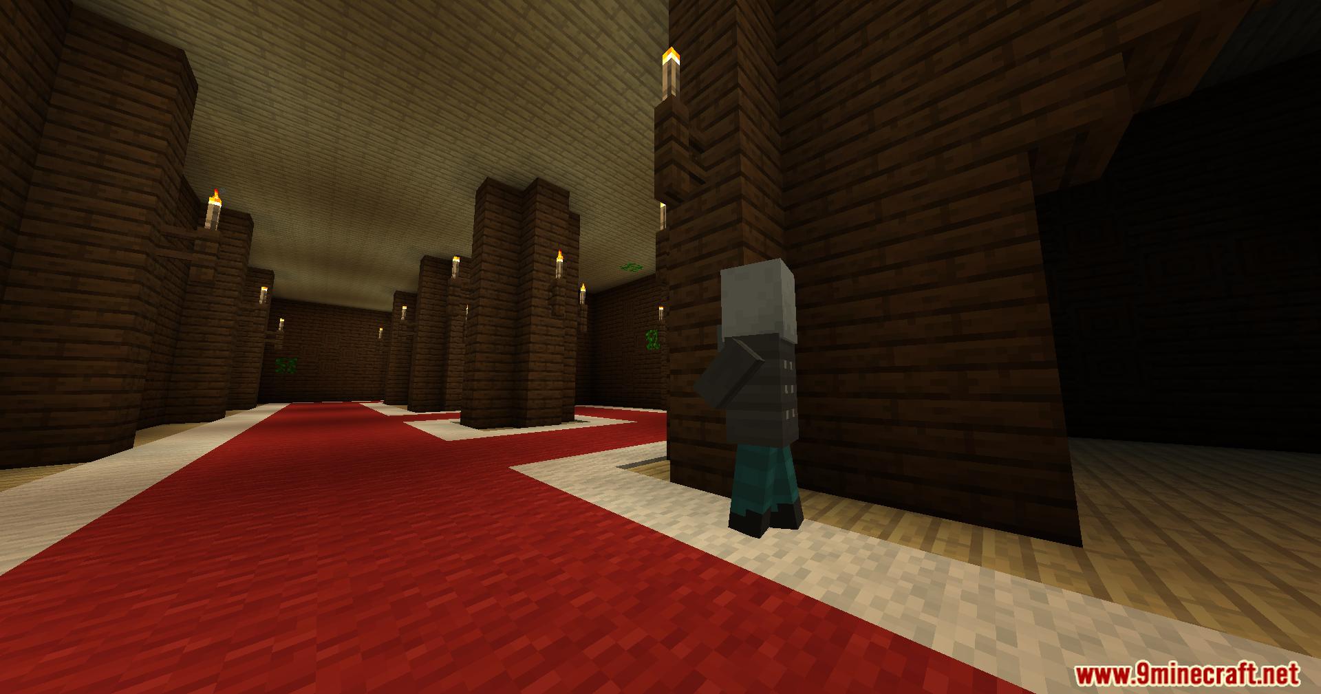 Vindicator mob exploring a dark indoor farm area inside a mansion