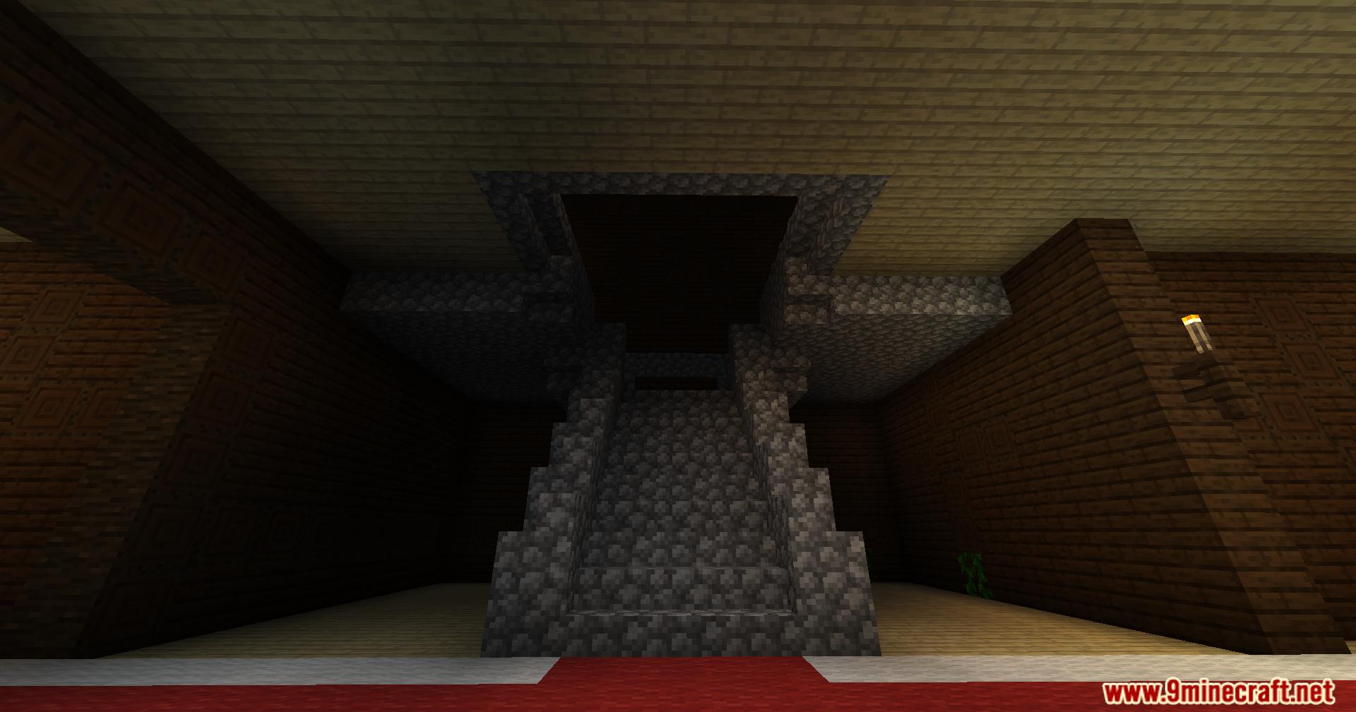Dark cobblestone staircase inside a wooden Minecraft structure interior