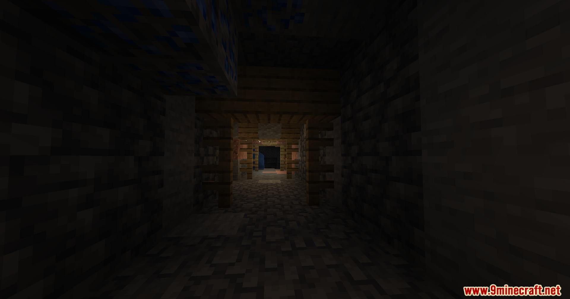 Exploring a dark underground abandoned mineshaft corridor in the game