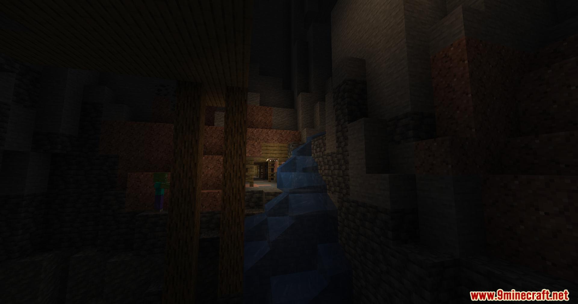 Underground cave with a cleanly generated wooden mineshaft structure inside