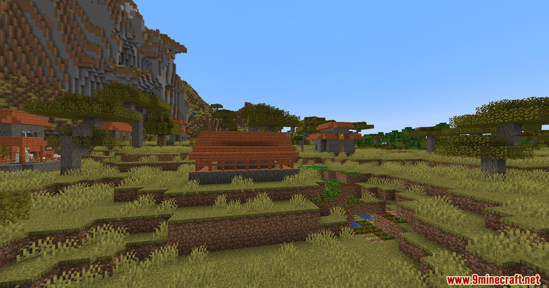 A savanna village with well spaced buildings on the grassy landscape