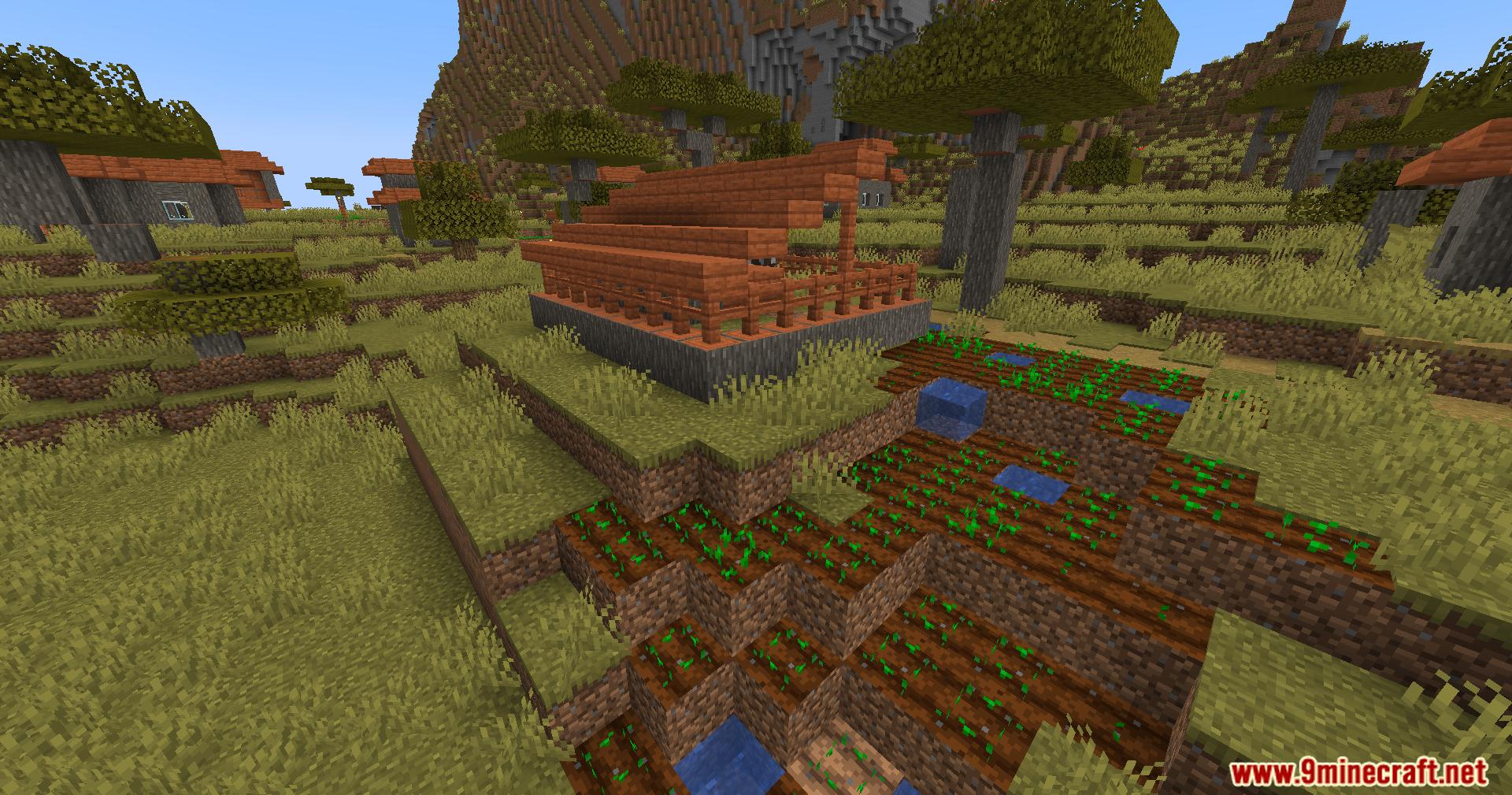 Savanna village farm area with crops and wooden buildings