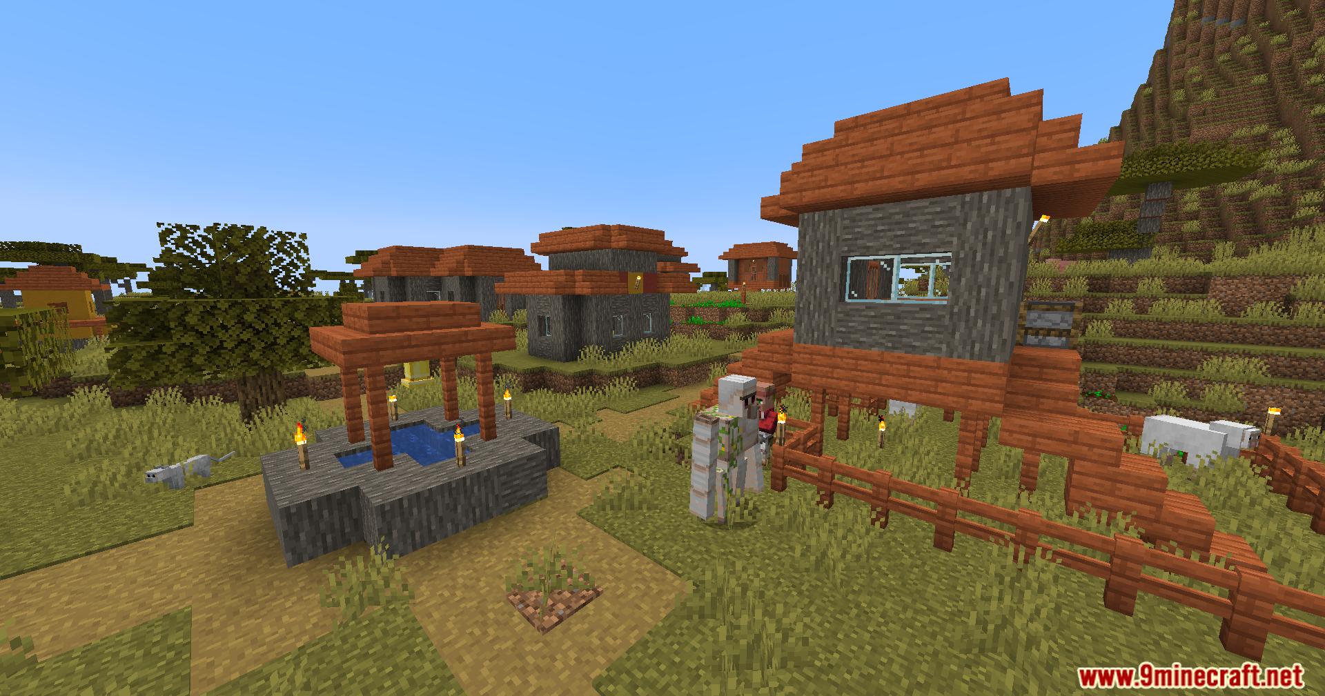 Iron golem standing near a well in a savanna village