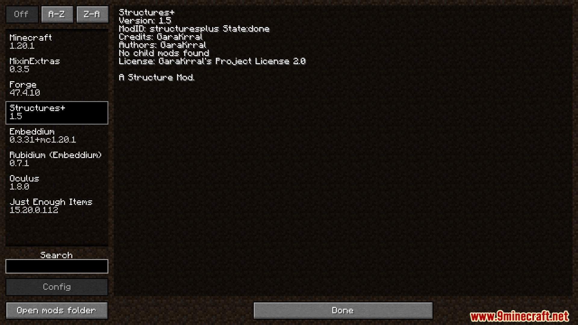 Mod menu screen displaying the Structures Plus mod information