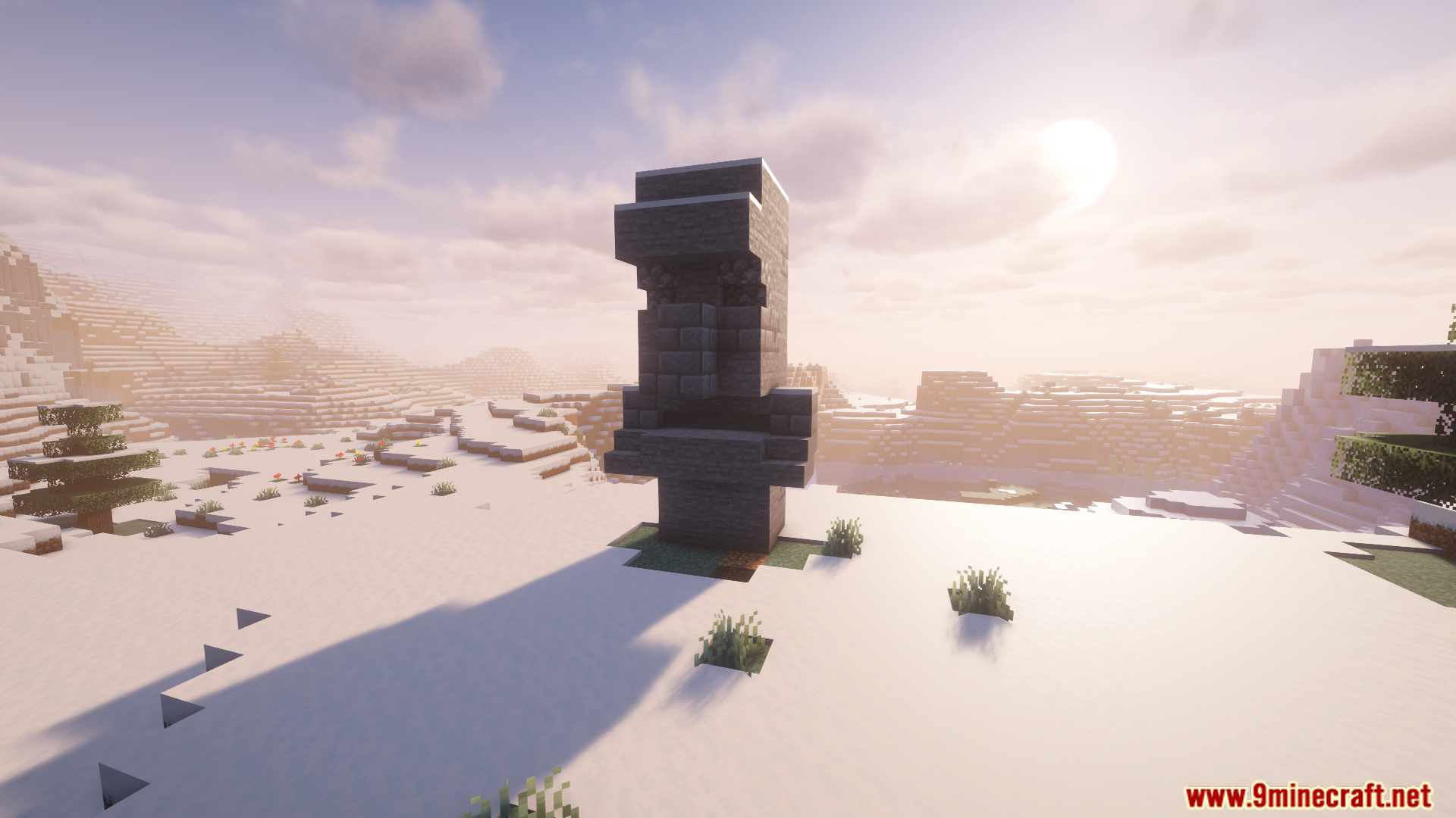 Large stone villager statue standing in a snowy winter biome