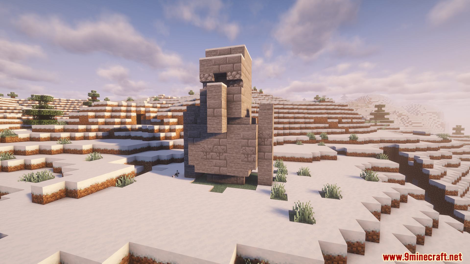 Full body stone villager statue built in a snowy landscape