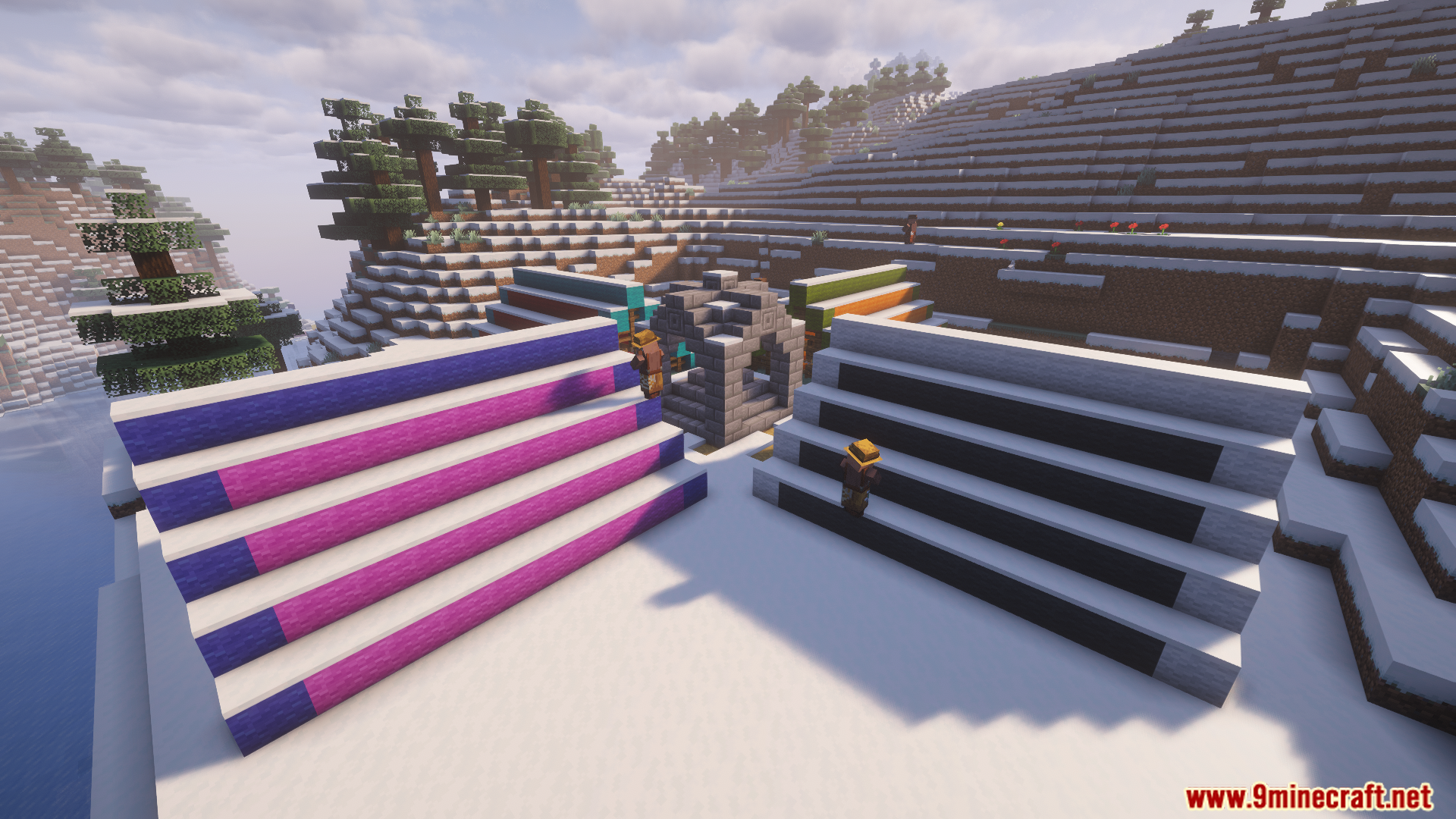 Colorful villager camp structure with tiered seating in the snow