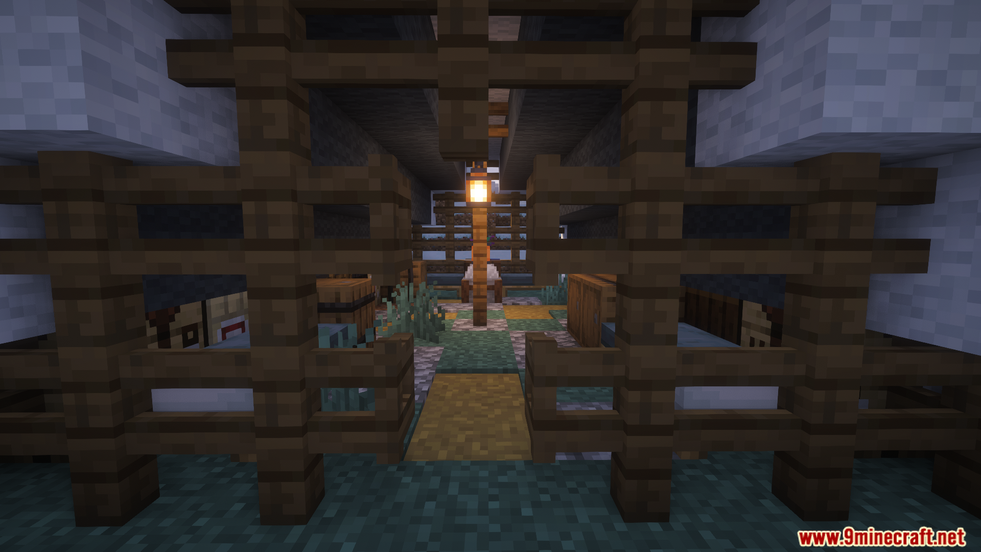 Abandoned wooden villager camp structure with cobwebs in a forest biome