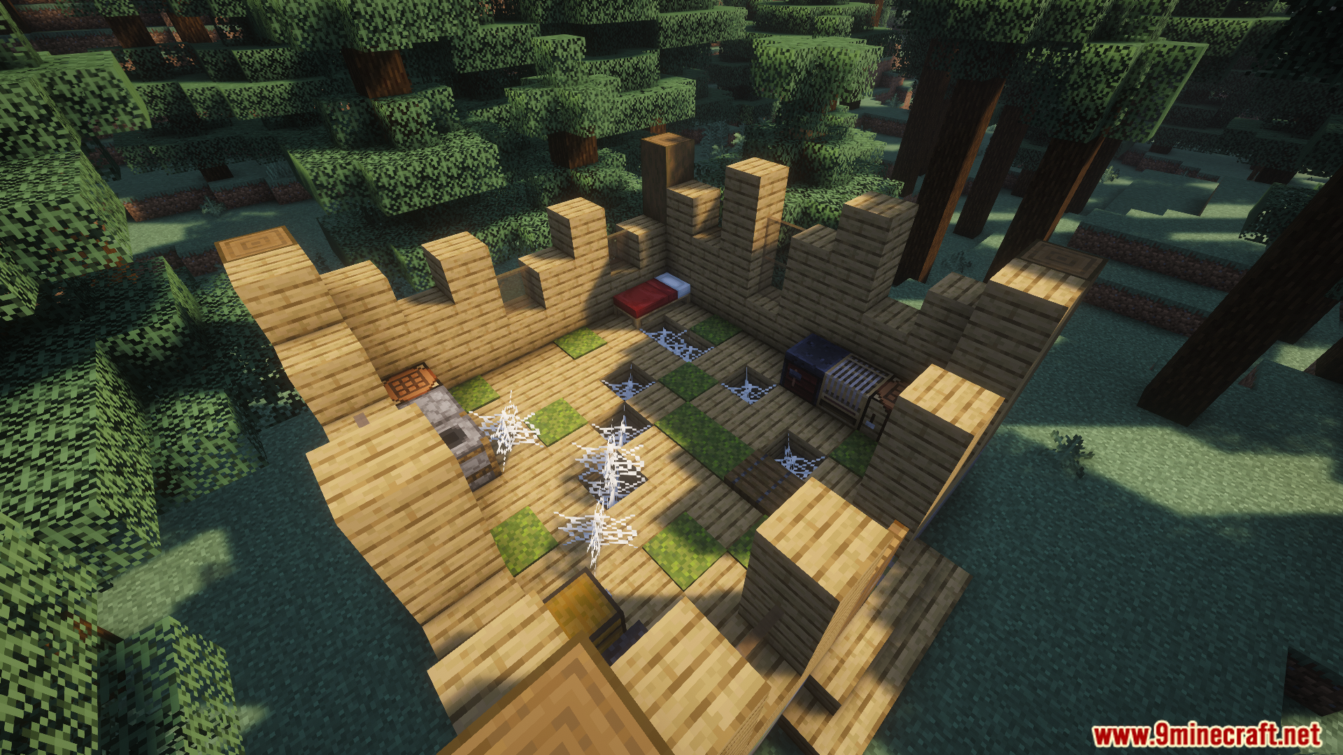 Dark underground dungeon room featuring hanging monster spawners and wooden chests