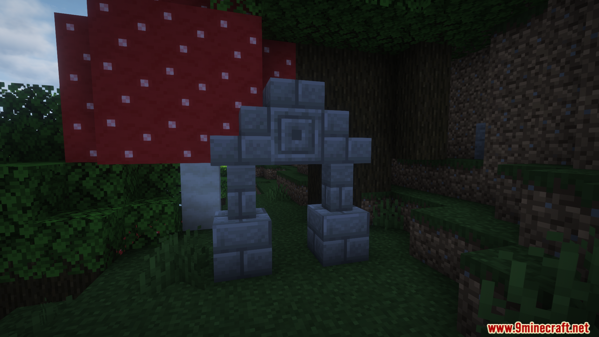 Small stone brick archway ruin near a giant red mushroom