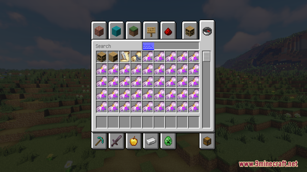 Creative inventory displaying enchanted scrolls from Superior Scrolls texture pack