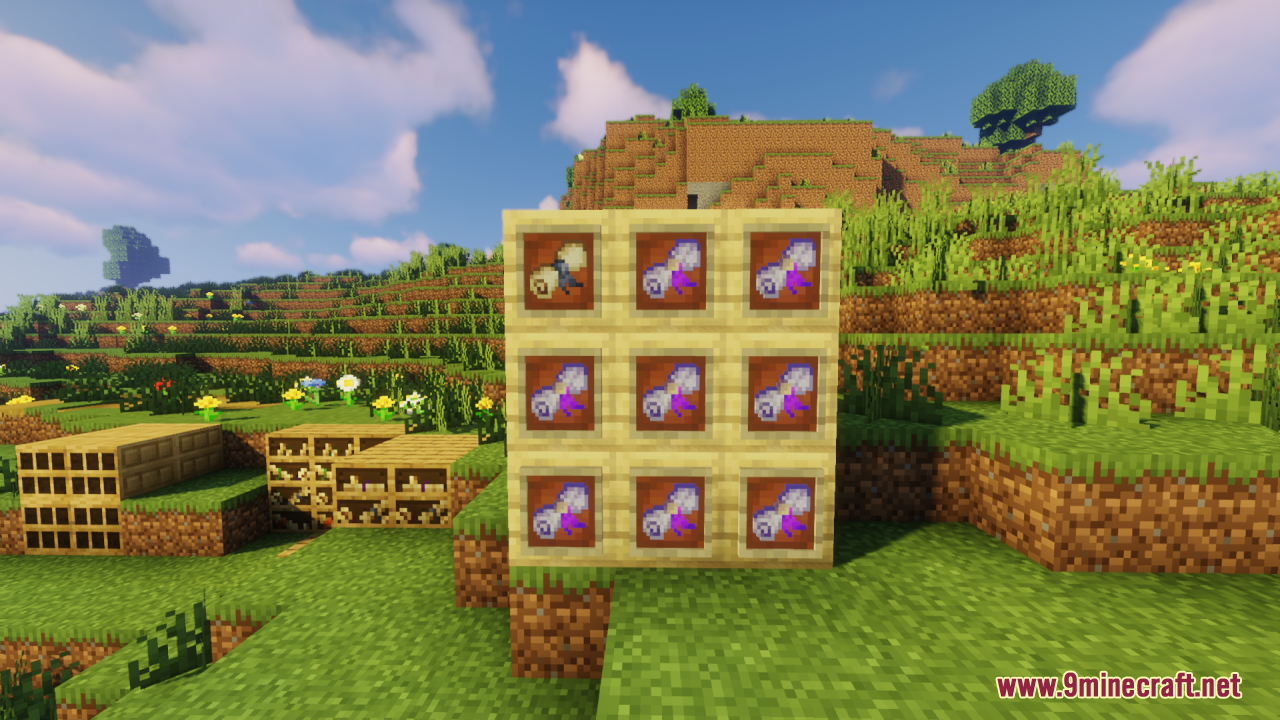 A wooden block with nine scrolls displayed in item frames