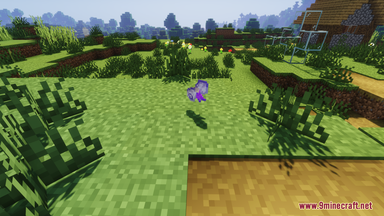 A purple scroll floating in the air above the grass