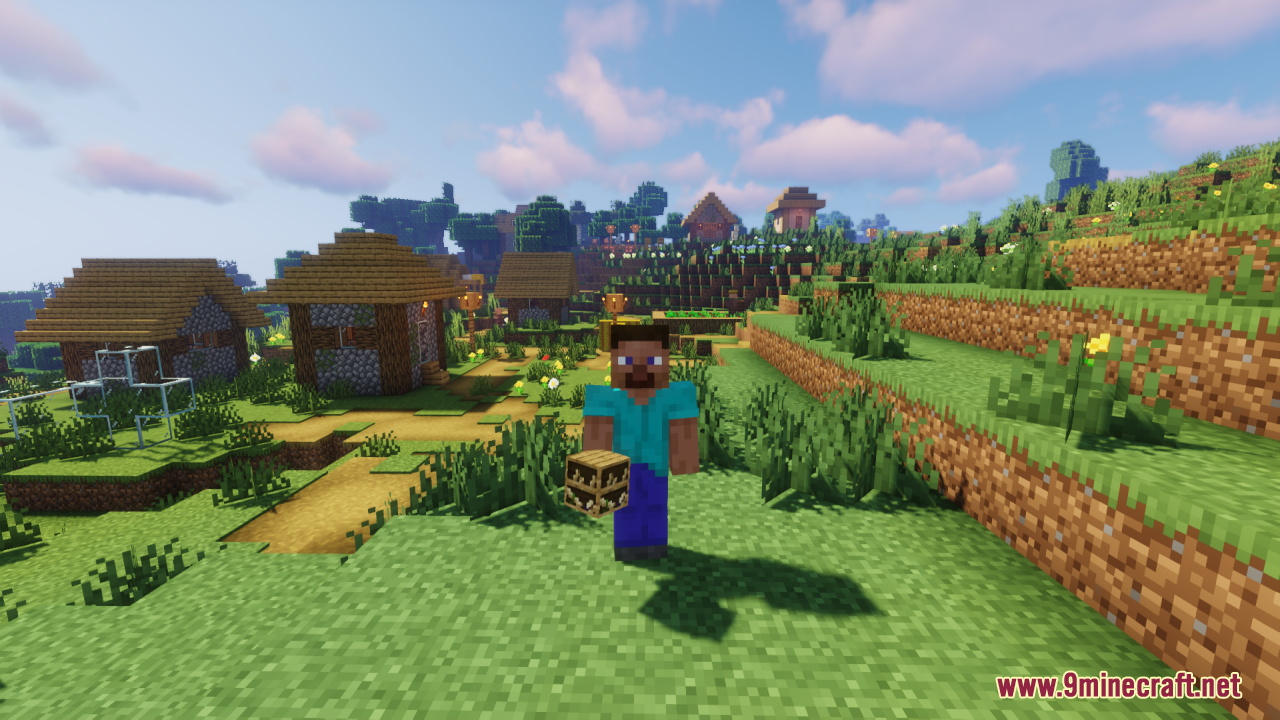 Player holding a dark decorative scroll pile block in a village